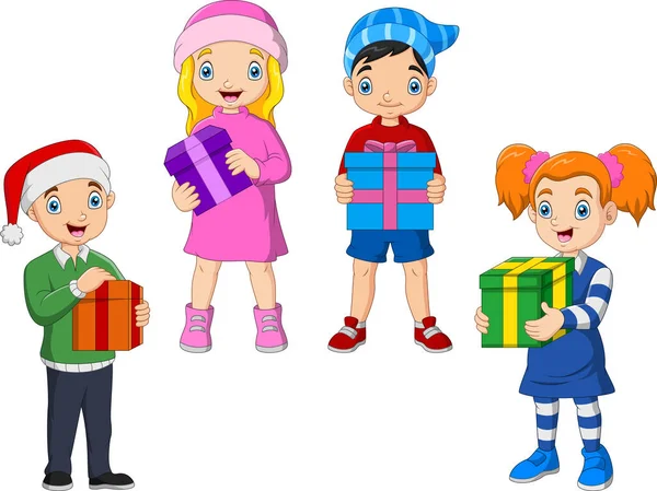 Cartoon Children Stand Holding Gifts — Stock Vector
