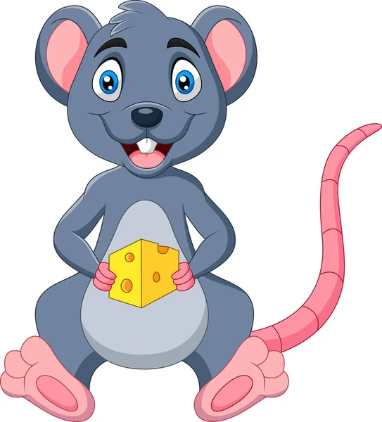 Cartoon Mouse Holding Slice Cheese — Stock Vector