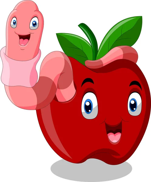 Cute Worm Red Apple — Stock Vector
