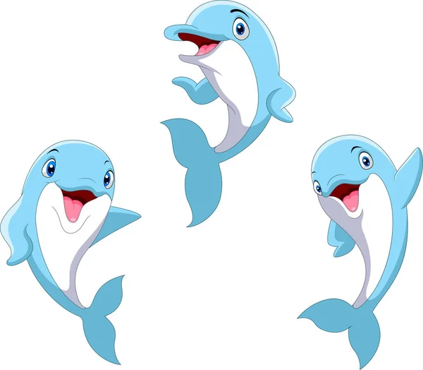 Cute Cartoon Funny Dolphin Set — Stock Vector