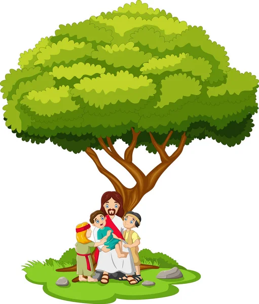 Dibujos Animados Jesús Está Sentado Debajo Árbol Con Niños — Vector de stock
