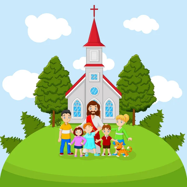 Karikatur Jesus Mit Kindern Einer Kirche — Stockvektor