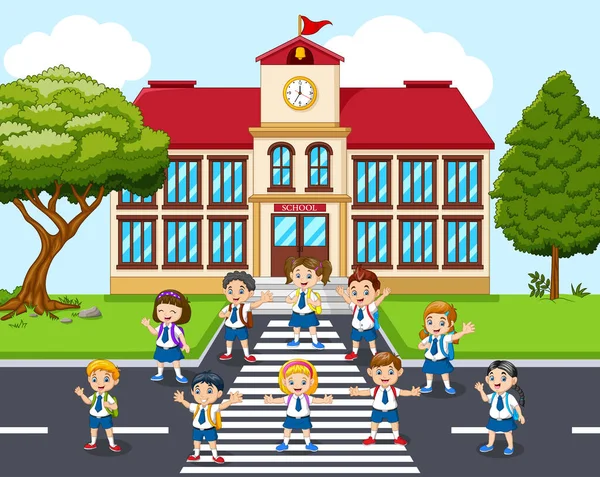 Students Cartoon Front School — Stock Vector