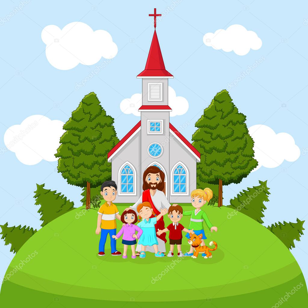 Cartone Animato Gesù Con Bambini Una Chiesa - Grafica Vettoriale