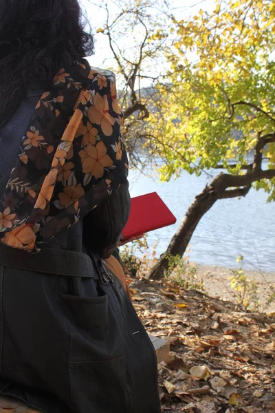 Autumn Scene Forest Woman Front Lake Holding Red Book — Stock Photo, Image