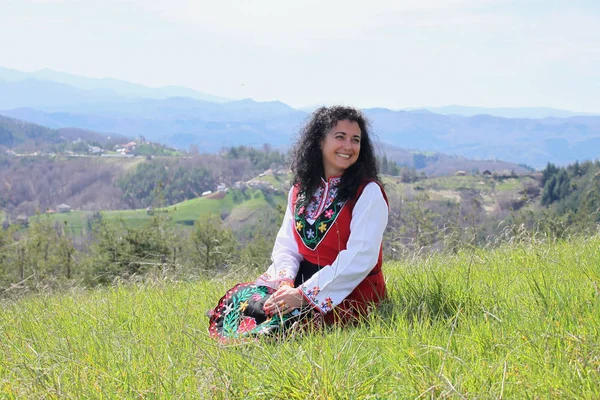 Outdoor Picture Beautiful Bulgarian Woman Dressed Traditional Folklore Costume — Stock Photo, Image