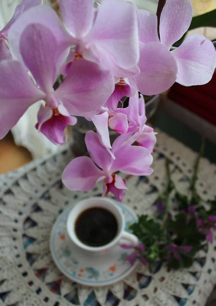 Martwa Natura Filiżanką Kawy Kwiatem Orchidei Czerwonymi Książkami Ubranym Stole — Zdjęcie stockowe