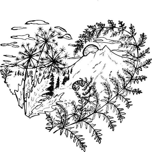 Black and white drawing of the heart, in which dandelions, fern, sunset, mountains, clouds, trees.