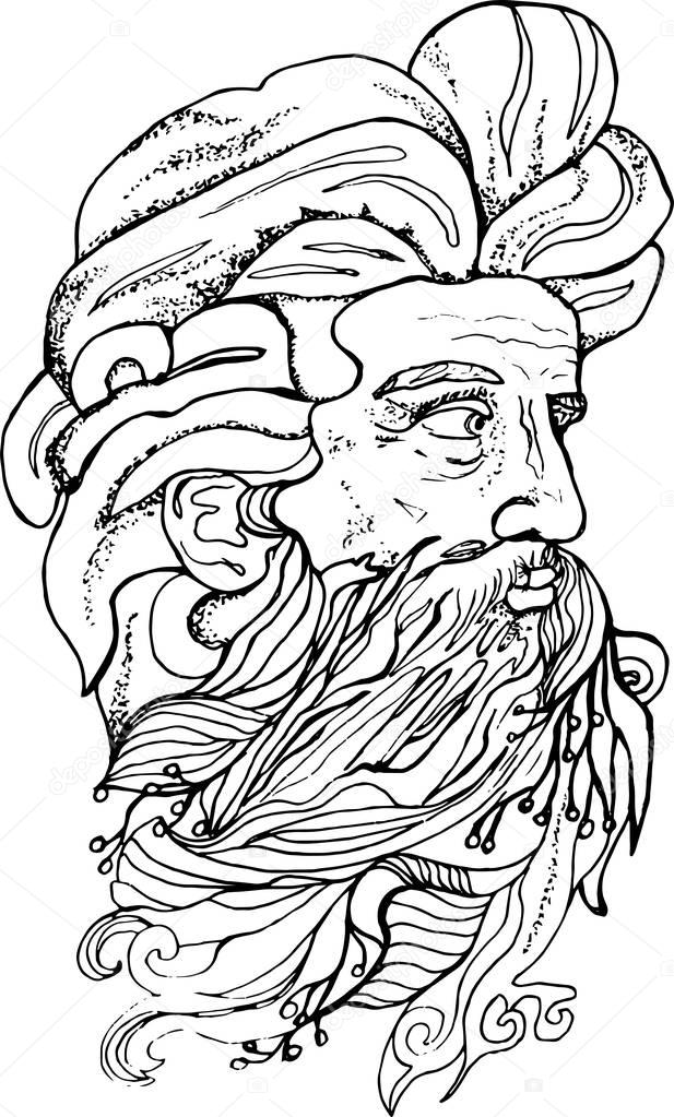 Black and white illustration of a mans head with a beard and branches.