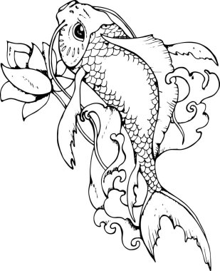 Japonca sazan llustration. Siyah ve beyaz çizim