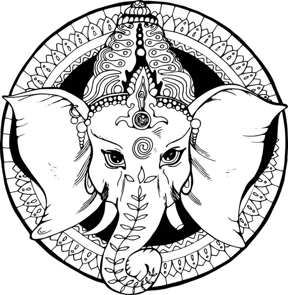 Ilustração de um elefante ganesha, um deus hindu. Desenho preto e branco — Vetor de Stock