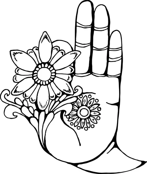 Ілюстрація руки Будди, що тримає квітку. Чорно-білий малюнок — стоковий вектор