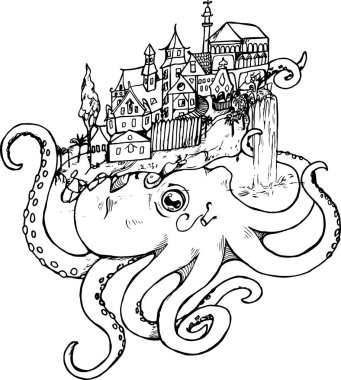 Bir ahtapot ile eski bir şehir Illustration. Siyah ve beyaz çizim.