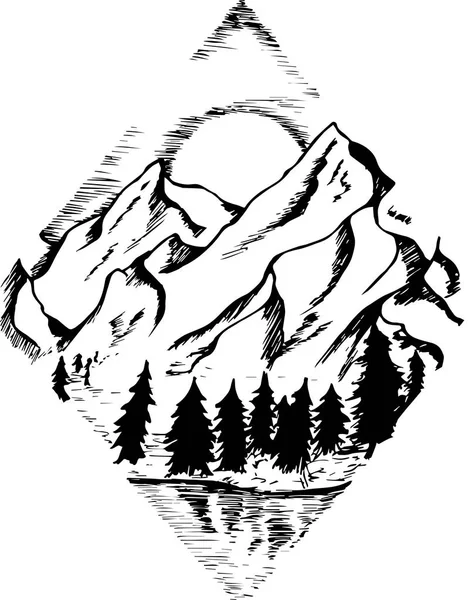 Illustration of fir, moon, clouds and river.