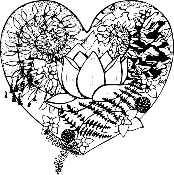 Dessin noir et blanc du cœur, dans lequel le lotus, fougère, cône, montagnes, nuages, arbres . — Image vectorielle