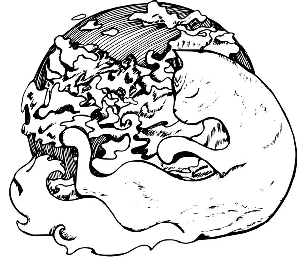 Illustration av en katt som omfamnar en planet. Katt med slutna ögon och moln. — Stock vektor