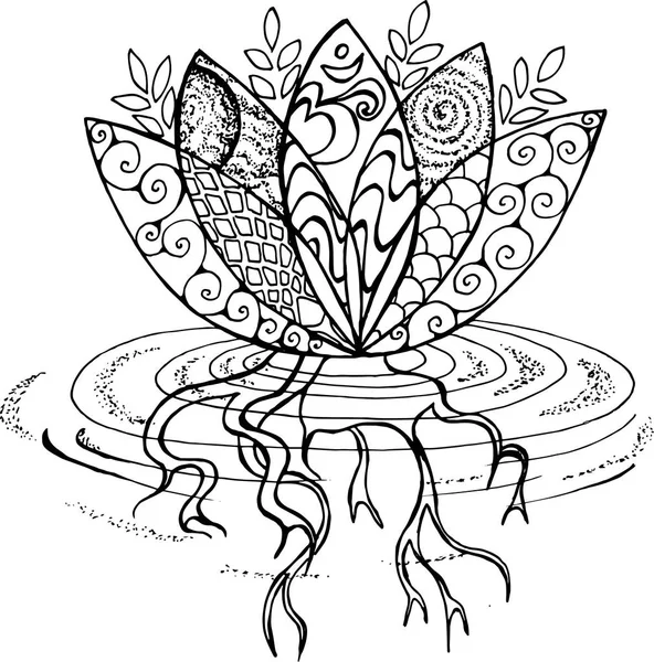 Черно-белый лотос иллюстрация. Паттерн, ком и цветок — стоковый вектор