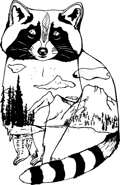 Black and white illustration of a raccoon, mountains and forests in it. Double Exposure — Stock Vector