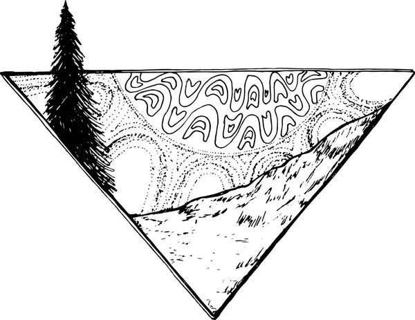 Bild av strålar av en sol av dekorativa mönster, sluttningen av berget och fir-träd. Allt i en triangel. — Stock vektor
