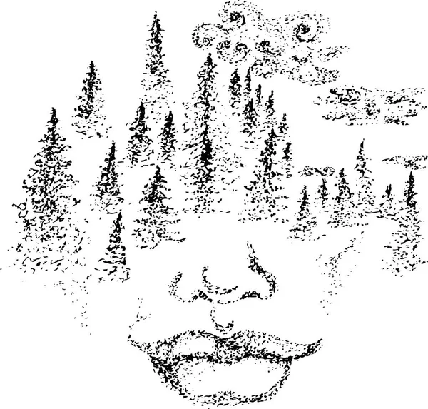 Schwarz-Weiß-Bild des Gesichts des Geistes. Bäume und Wolken im Gesicht. — Stockvektor