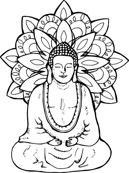 Illustration eines meditierenden Buddhas. Mandala im Stil von Sentangle. Straßenkunst — Stockvektor