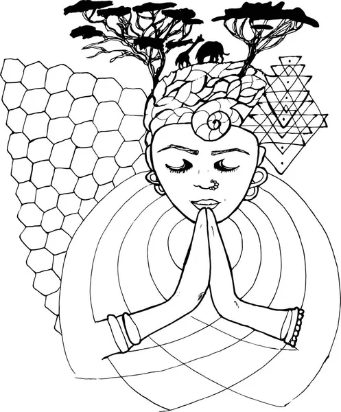 Dibujo en blanco y negro de una persona rezando con los ojos cerrados, espiral en la frente y tema africano . — Vector de stock