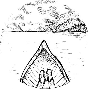 Bir tekne Illustration ayaklı bir gezgin. Dağlar ve ufukta bulutlar.