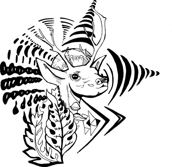 Immagine in bianco e nero di un cervo psichedelico con piante e modelli . — Vettoriale Stock
