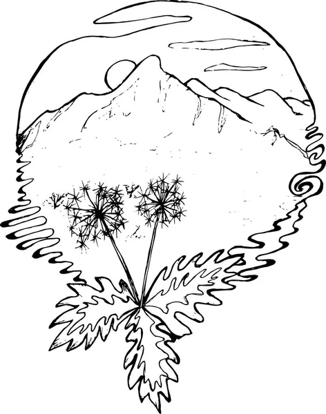 Black and white drawing of mountains, sun, clouds, dandelions in the foreground, in the style of a tattoo