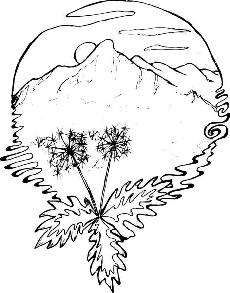 Черно-белый рисунок гор, солнца, облаков, одуванчиков на переднем плане, в стиле татуировки — стоковый вектор
