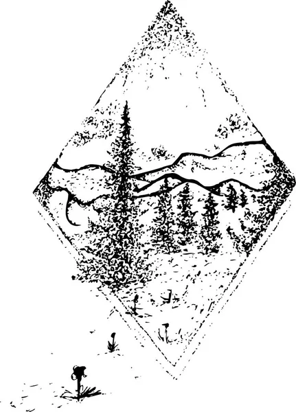 Cuadro en blanco y negro del paisaje, inscrito en un rombo — Archivo Imágenes Vectoriales