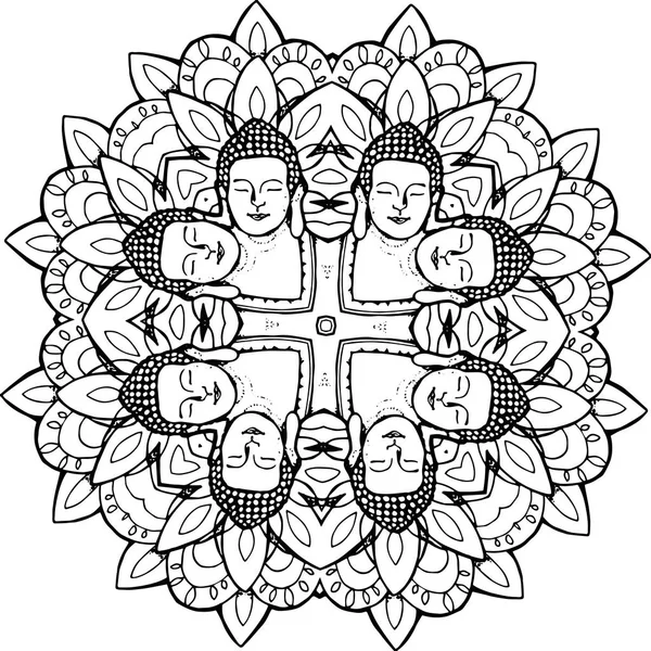 Illustration av en mandala med prydnad och en naken buddha. Fraktalblomma. — Stock vektor