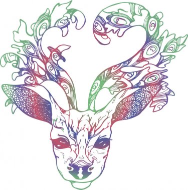 Bir geyik boynuzları tavus kuşu tüyü ile Illustration. Degrade renk vektör dekore edilmiş geyik