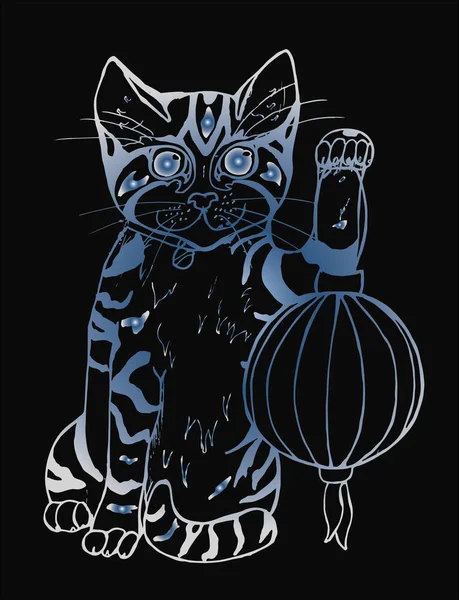 Gelukkige maneki neko kat met lantaarn. Traditionele Japanse symbool. Grafische afbeelding. Plaats voor tekst. — Stockvector