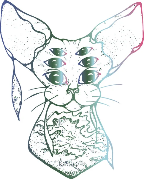 Иллюстрация психоделической кошки с тремя парами глаз . — стоковый вектор