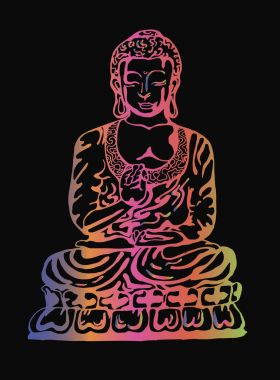 Buda sokak sanatının tarzı meditasyon. Siyah bir arka plan üzerinde siyah beyaz bir Buda renkli vektör çizim