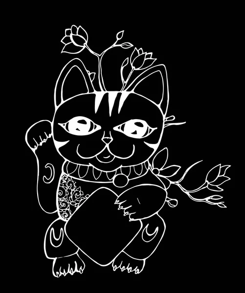 Gato de neko maneki sortudo. Símbolo japonês tradicional. Ilustração gráfica. Giz em um quadro negro —  Vetores de Stock