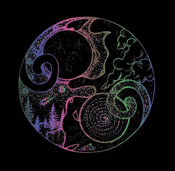 Símbolo ilustrado de yin yang com dois gatos. Paisagens de dia e de noite neles. Gradiente de cor — Vetor de Stock