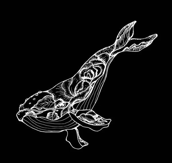 Ilustração de uma baleia estilizada com uma tatuagem de flor — Vetor de Stock