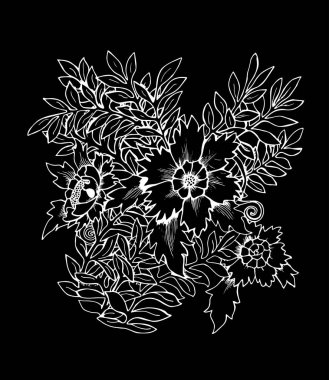 Bir buket çiçek Illustration. Siyah ve beyaz buket