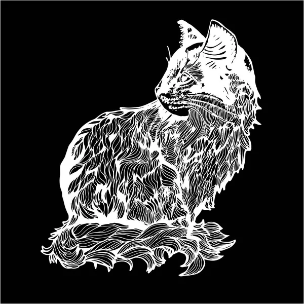Ілюстрація кота з гілок і листя. Чорно-білий малюнок кота в профілі. Крейда на дошці . — стоковий вектор