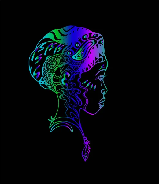 Kolorowa dziewczyna Afryki w profilu. Ilustracja art Tattoo. — Wektor stockowy