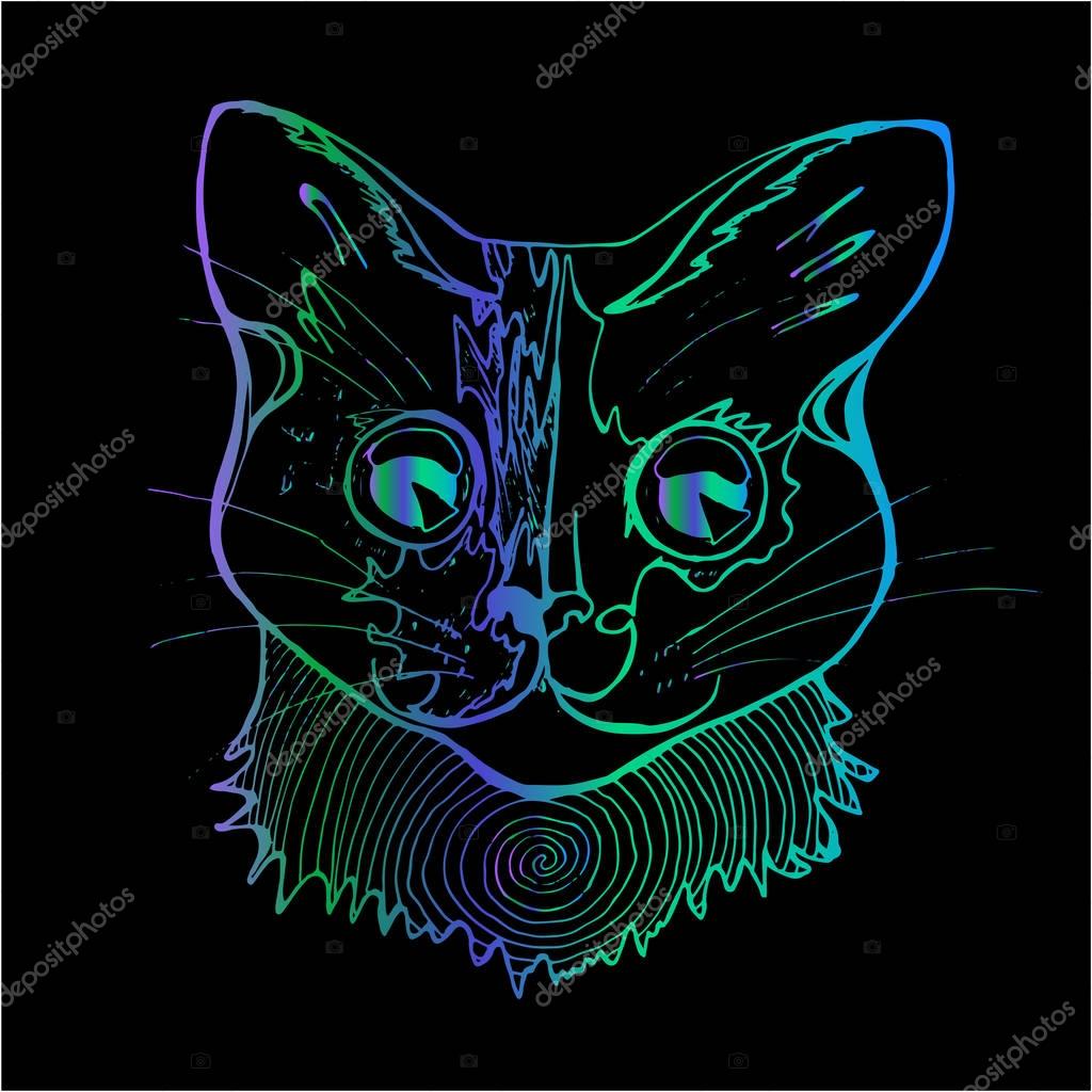 An illustration of a psychodelic cat. Neon drawing of a cat.