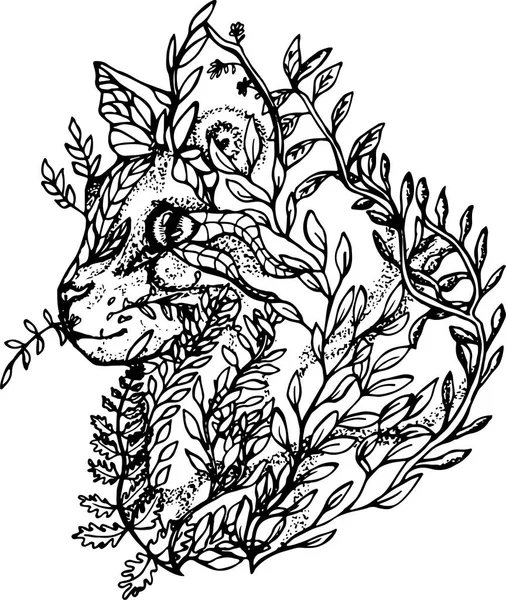 Ilustracja kot z gałęzi i liści. Czarno-biały rysunek kota w profilu — Wektor stockowy