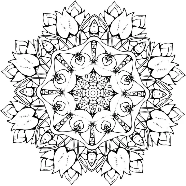 Black and white illustration of a mandala - a flower of life. Cosmic space. — Stock Vector