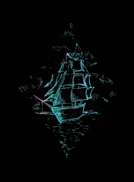 Ilustración de neón de un barco en el mar. Velero dibujado en un rombo . — Vector de stock