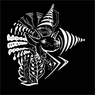 Siyah beyaz resim bitki ve desenleri ile psychedelic bir geyik. Bir tahtaya tebeşir