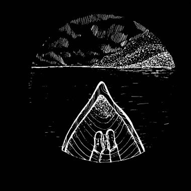 Bir tekne Illustration ayaklı bir gezgin. Dağlar ve ufukta bulutlar. Bir tahtaya tebeşir