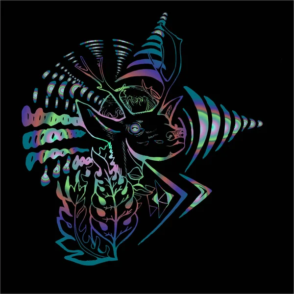 Neonbild eines psychedelischen Hirsches mit Pflanzen und Mustern. — Stockvektor