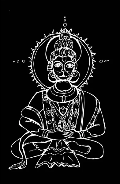 Illustration en noir et blanc de la divinité indienne Hanuman. De la craie sur un tableau. Craie sur un tableau noir — Image vectorielle